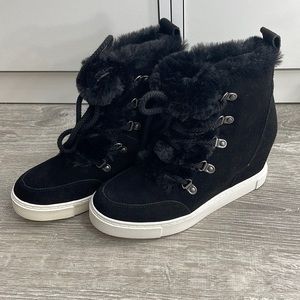 Steve Madden Lift Wedge Sneaker Faux Fur Black 7.5